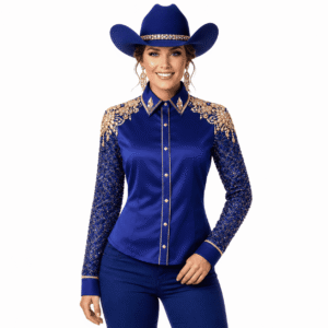 Women's Royal Blue Gold Crystal Competition Shirt Women Showmanship Shirt Western Rodeo Horse Show
