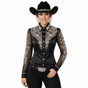 Women's Black Crystal Showmanship Shirt Western Rodeo Horse Show Competition Rhinestone Shirt Women