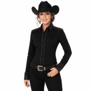 Women's Black Showmanship Shirt Crystal Western Rodeo Horse Show Competition Rhinestone Shirt Women