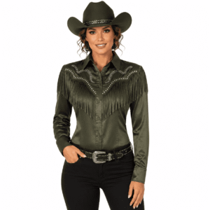 Women's Olive Green Fringe Showmanship Shirt Western Rodeo Crystal Fringe Horse Show Shirt