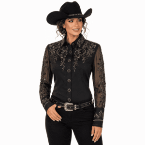 Women's Black Crystal Mesh Showmanship Shirt Elegant Western Rodeo Horse Show Competition Shirt