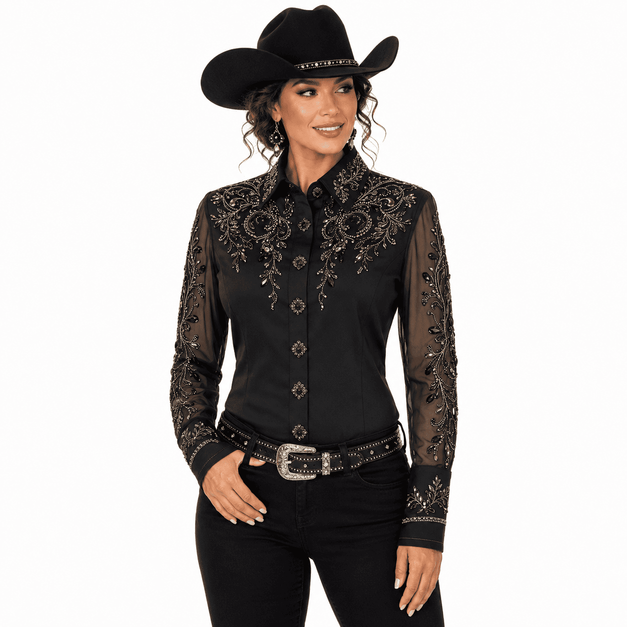 Women's Black Crystal Mesh Showmanship Shirt Elegant Western Rodeo Horse Show Competition Shirt