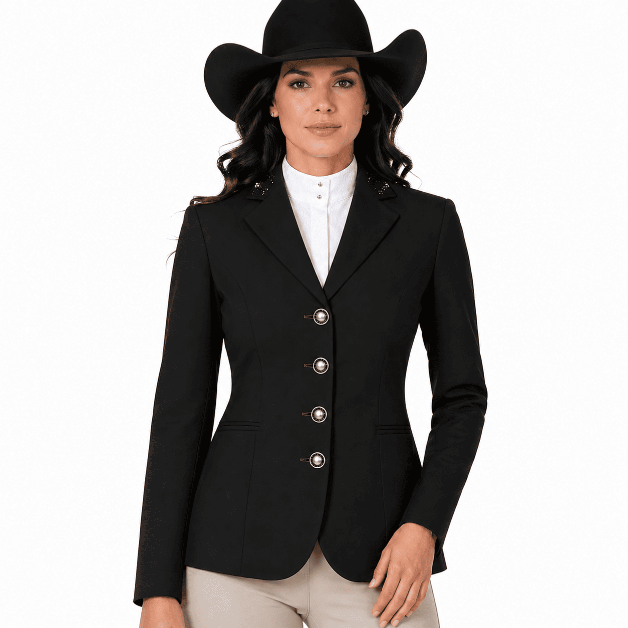 Women’s Black Showmanship Hunt Coat Classic Equestrian Coat with Tailored Fit & Silver Buttons