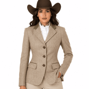 Women’s Showmanship Hunt Coat Beige Plaid Equestrian Coat with Green Accents & Tailored Fit