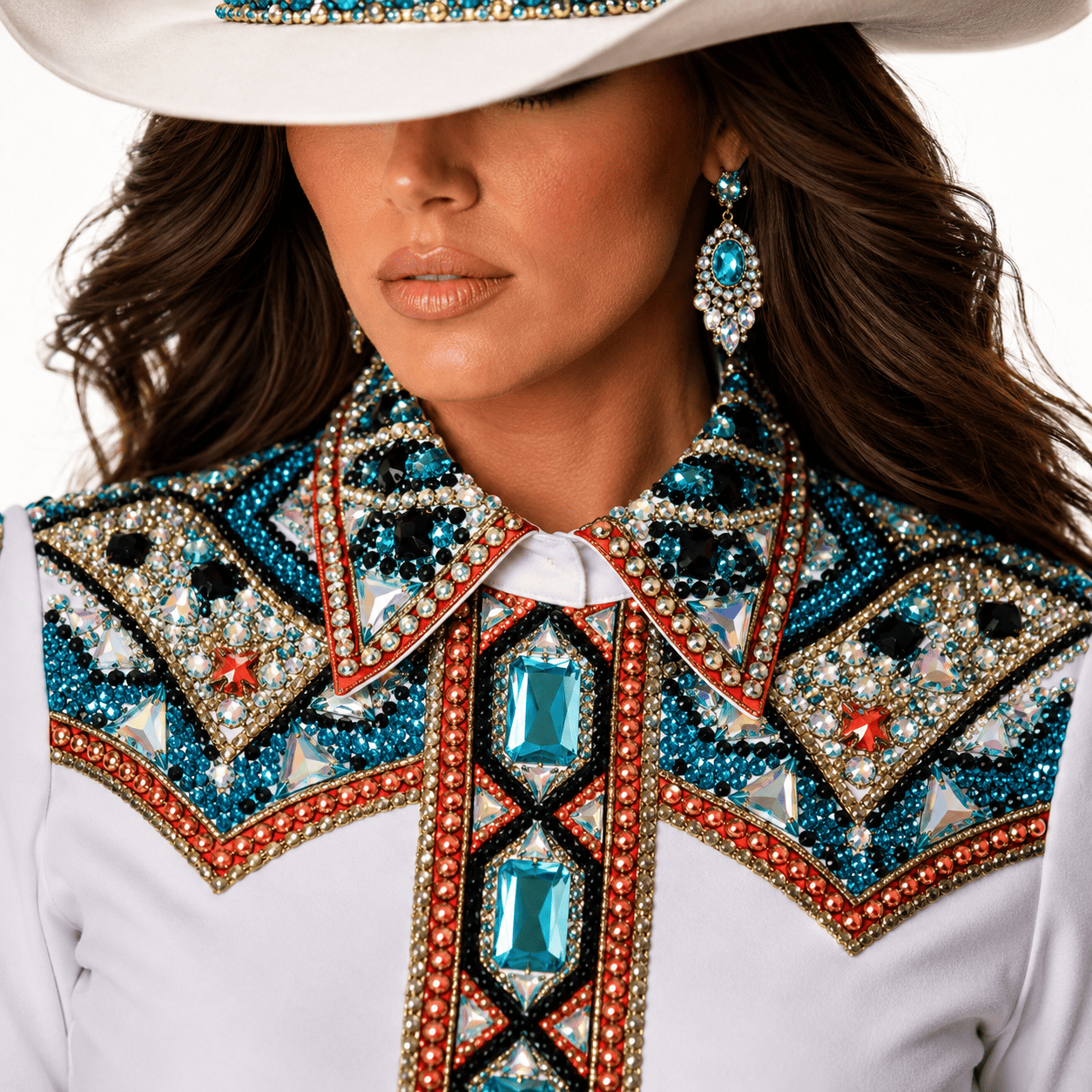 Women's White Turquoise Crystal Showmanship Shirt Western Rodeo Horse Show Competition Shirt Women - Image 6