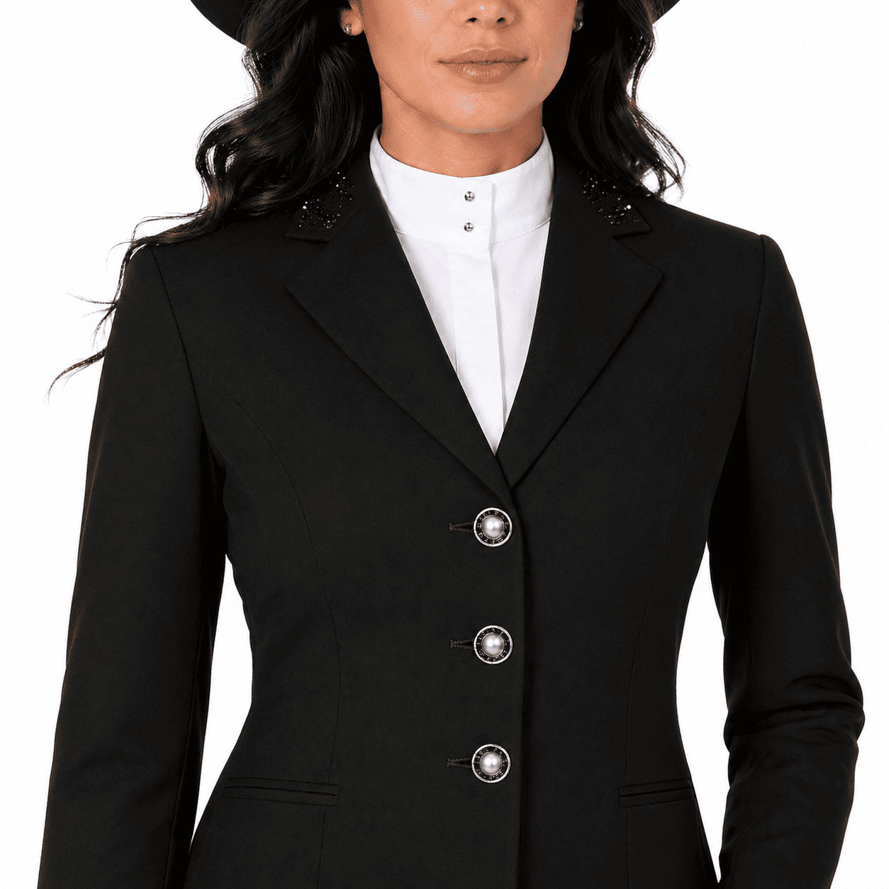 Women’s Black Showmanship Hunt Coat Classic Equestrian Coat with Tailored Fit & Silver Buttons - Image 6