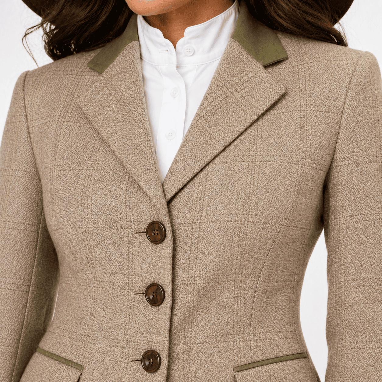 Women’s Showmanship Hunt Coat Beige Plaid Equestrian Coat with Green Accents & Tailored Fit - Image 6
