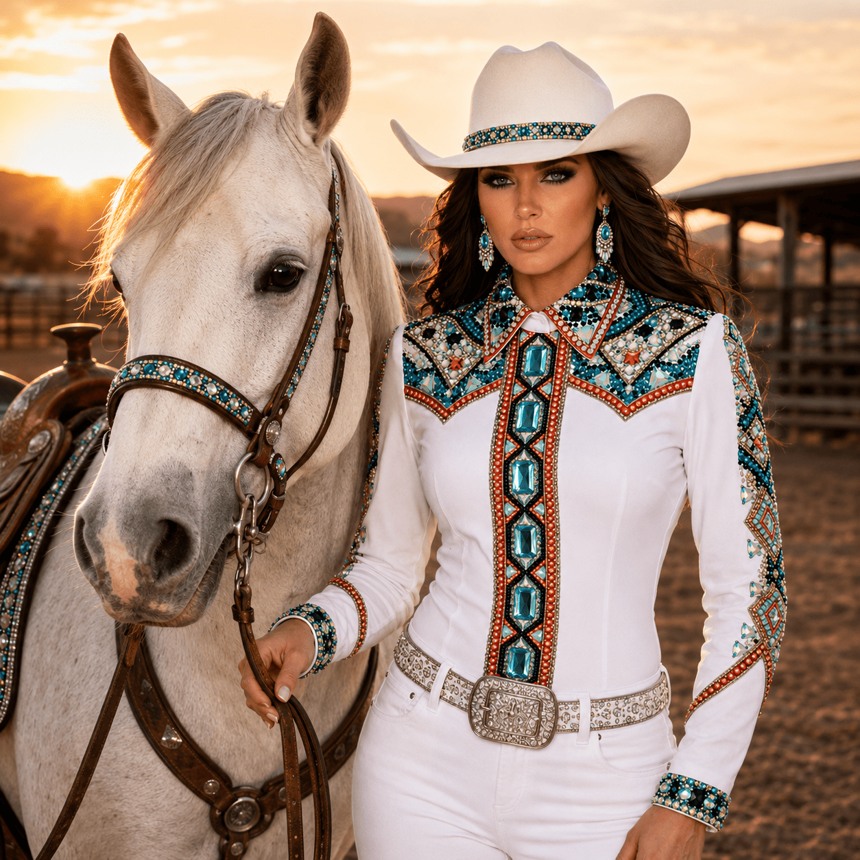 Women's White Turquoise Crystal Showmanship Shirt Western Rodeo Horse Show Competition Shirt Women - Image 7