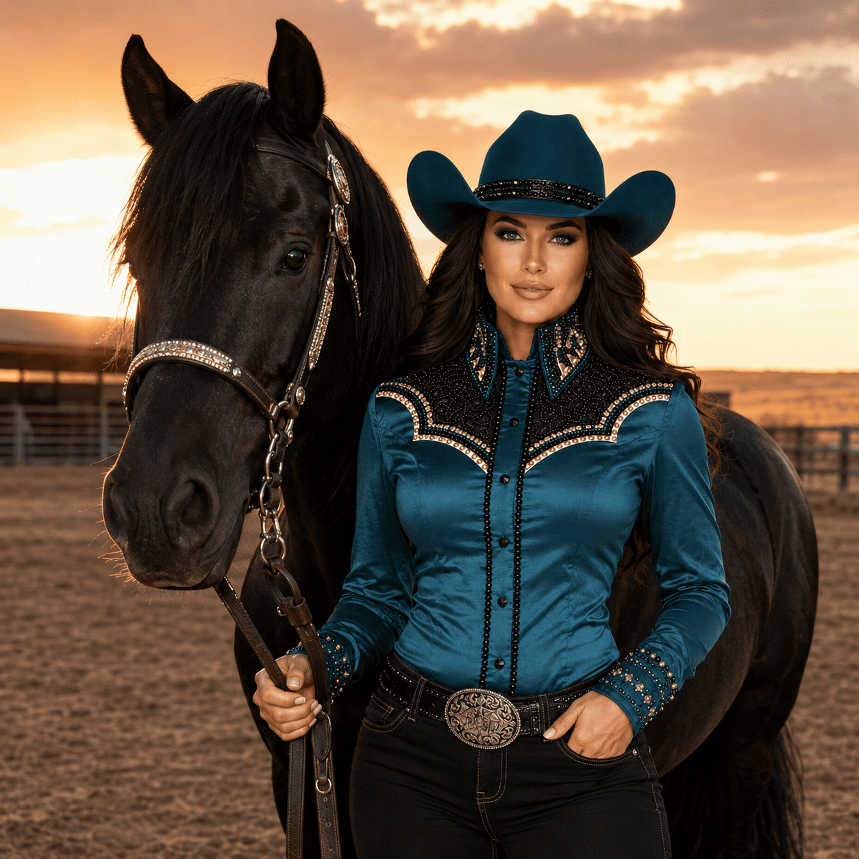 Women's Teal Black Crystal Showmanship Shirt Western Rodeo Horse Show Competition Shirt Women - Image 3