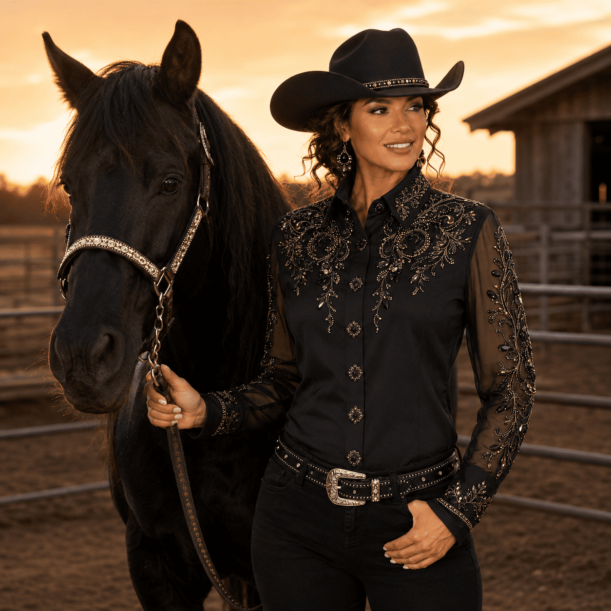 Women's Black Crystal Mesh Showmanship Shirt Elegant Western Rodeo Horse Show Competition Shirt - Image 7