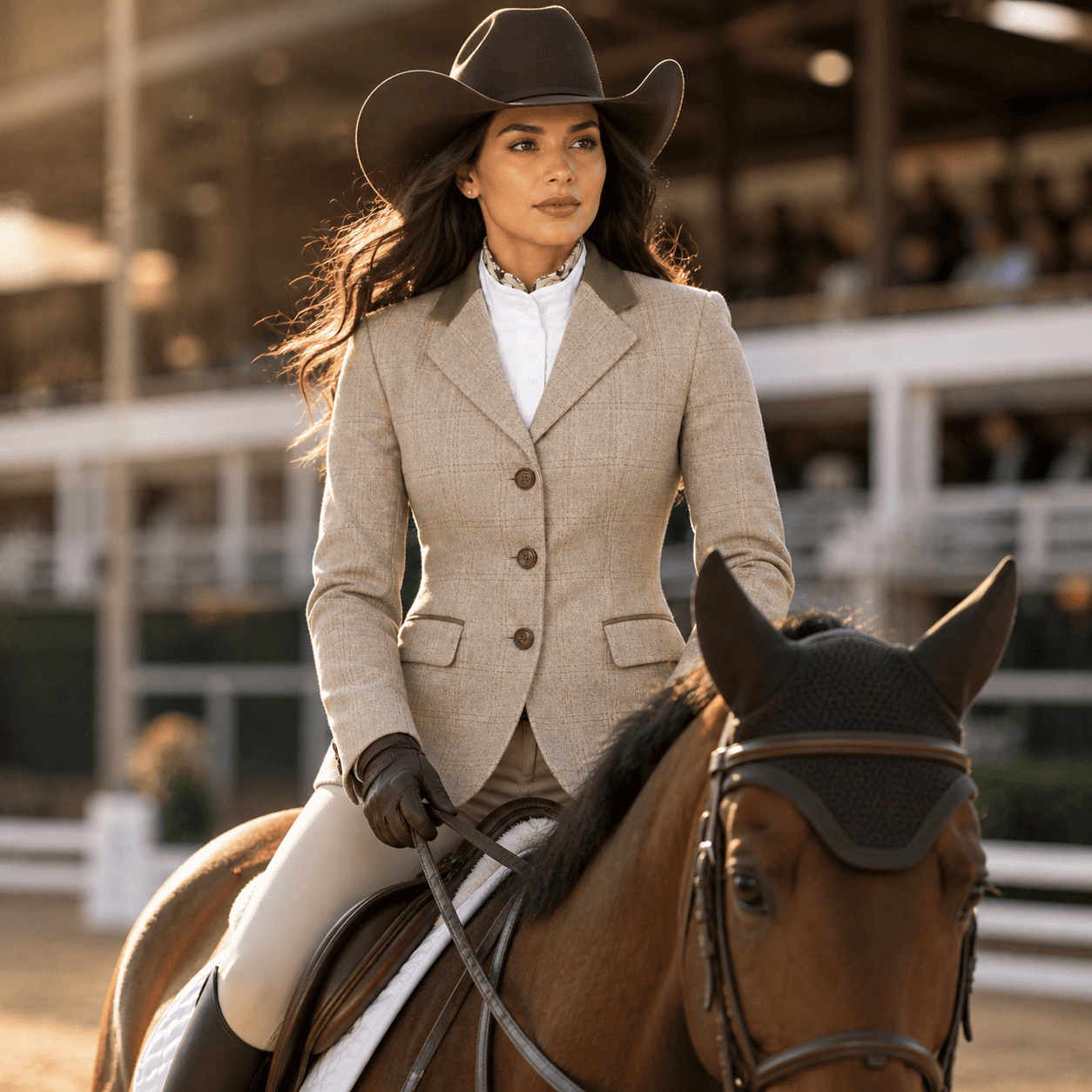 Women’s Showmanship Hunt Coat Beige Plaid Equestrian Coat with Green Accents & Tailored Fit - Image 7