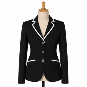 Women’s Showmanship Hunt Coat Black Equestrian Coat with White Contrast Piping & Tailored Fit