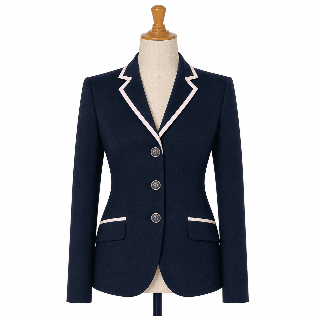 Women’s Showmanship Hunt Coat Navy Equestrian Coat with Pink Contrast Piping & Tailored Fit - Image 2