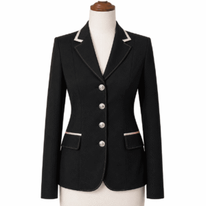 Women’s Showmanship Hunt Coat Black Equestrian Riding Jacket with Contrast Trim, Competition Blazer