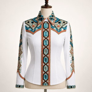 Women's White Turquoise Crystal Showmanship Shirt Western Rodeo Horse Show Competition Shirt Women