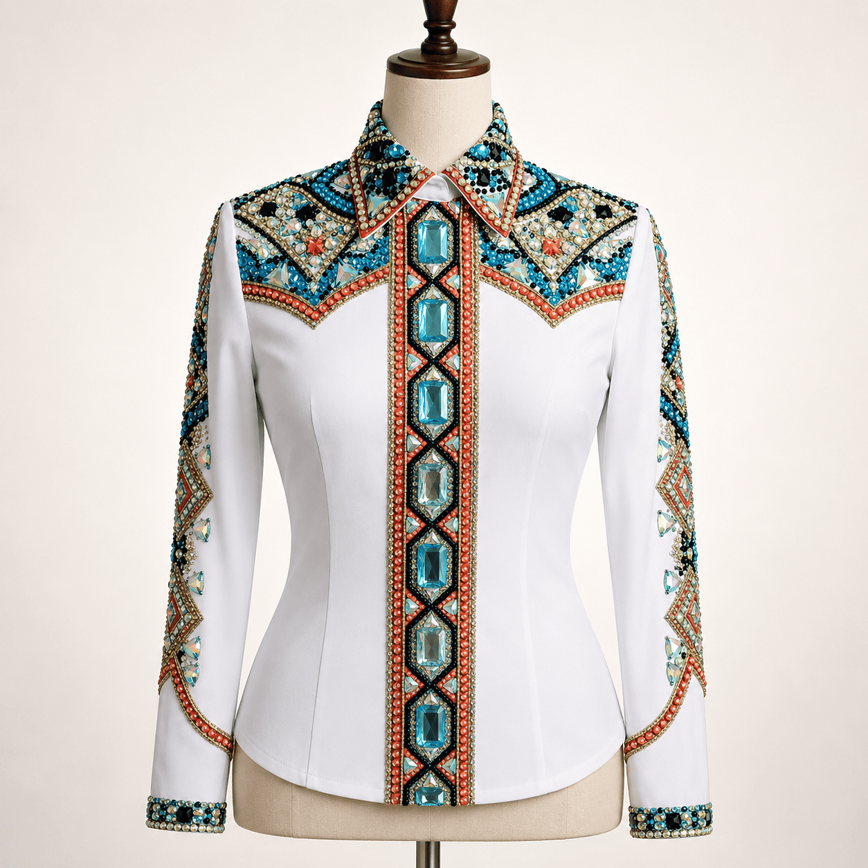 Women's White Turquoise Crystal Showmanship Shirt Western Rodeo Horse Show Competition Shirt Women - Image 2