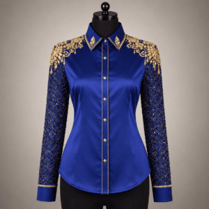 Women's Royal Blue Gold Crystal Competition Shirt Women Showmanship Shirt Western Rodeo Horse Show