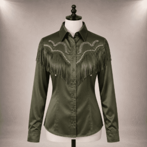 Women's Olive Green Fringe Showmanship Shirt Western Rodeo Crystal Fringe Horse Show Shirt