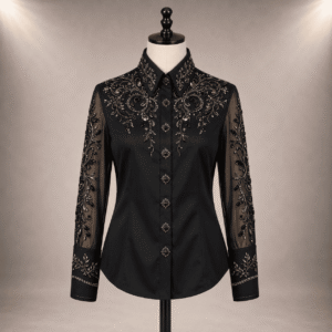 Women's Black Crystal Mesh Showmanship Shirt Elegant Western Rodeo Horse Show Competition Shirt