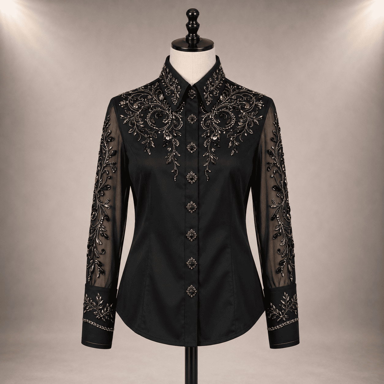 Women's Black Crystal Mesh Showmanship Shirt Elegant Western Rodeo Horse Show Competition Shirt - Image 2