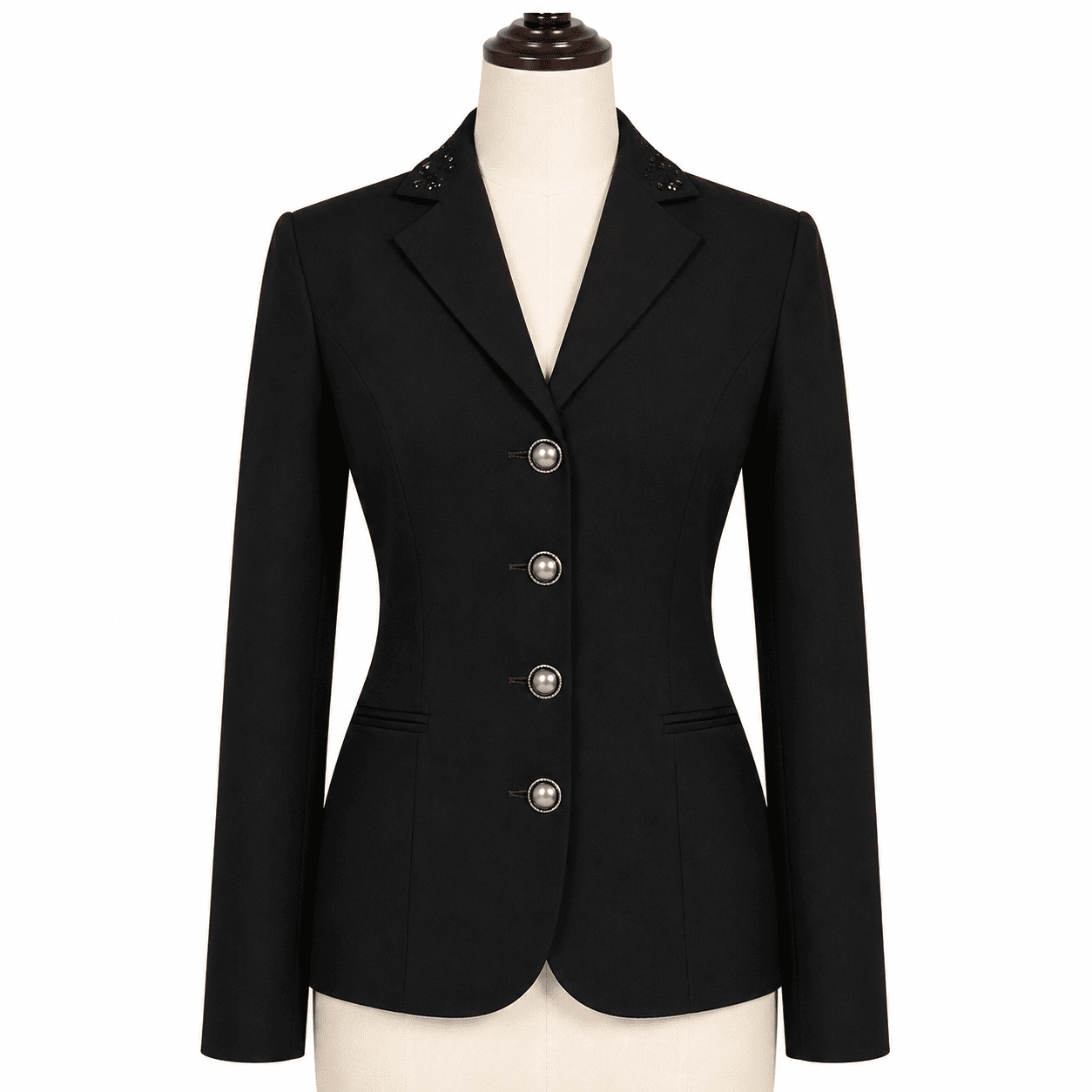 Women’s Black Showmanship Hunt Coat Classic Equestrian Coat with Tailored Fit & Silver Buttons - Image 2