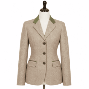 Women’s Showmanship Hunt Coat Beige Plaid Equestrian Coat with Green Accents & Tailored Fit