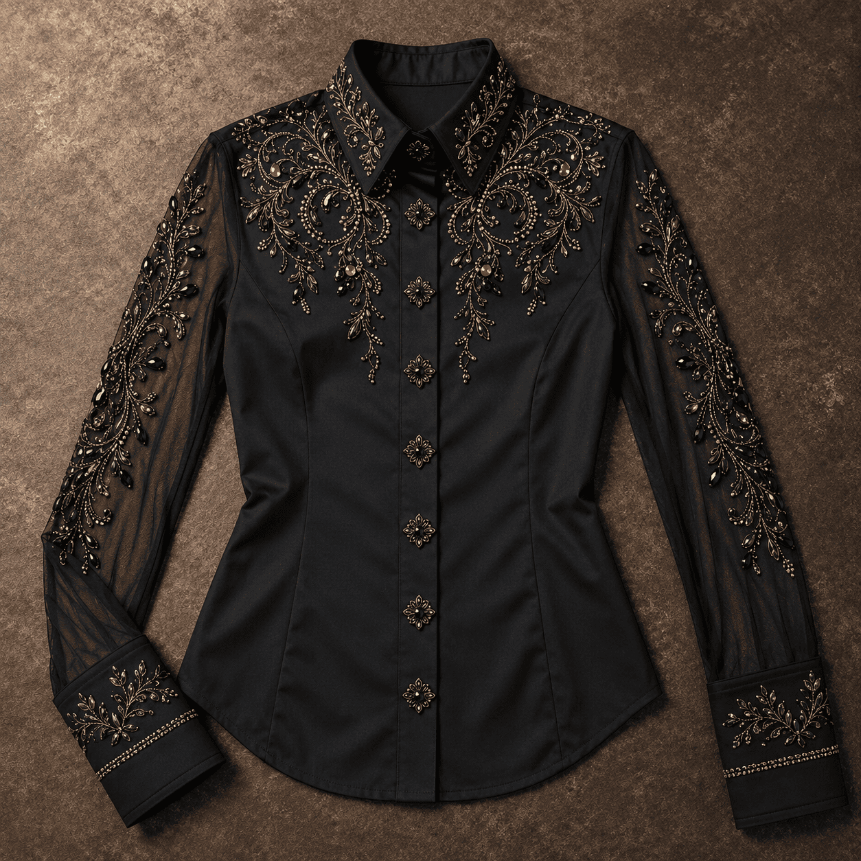 Women's Black Crystal Mesh Showmanship Shirt Elegant Western Rodeo Horse Show Competition Shirt - Image 5
