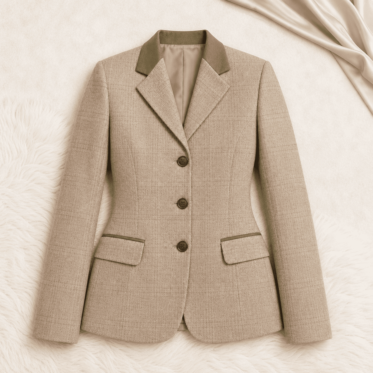 Women’s Showmanship Hunt Coat Beige Plaid Equestrian Coat with Green Accents & Tailored Fit - Image 5