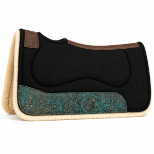 Contoured Wool Felt Saddle Pad with Turquoise Tooled Leather Wear Panels for Western Horse Riding