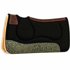 Contoured Wool Felt Saddle Pad with Sage Green Floral Tooled Leather Panels & Wool Fleece Lining