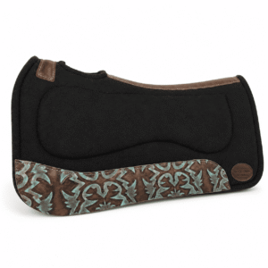 Contoured Wool Felt Saddle Pad with Antique Turquoise Tooled Leather Wear Panels & Premium Black Felt Core