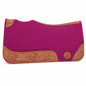 Premium Magenta Wool Felt Western Saddle Pad with Floral Tooled Leather Wear Panels Contoured Design