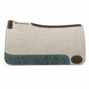 Premium Wool Felt Saddle Pad with Turquoise Floral Tooled Leather Wear Panel, Western Horse Saddle Pad