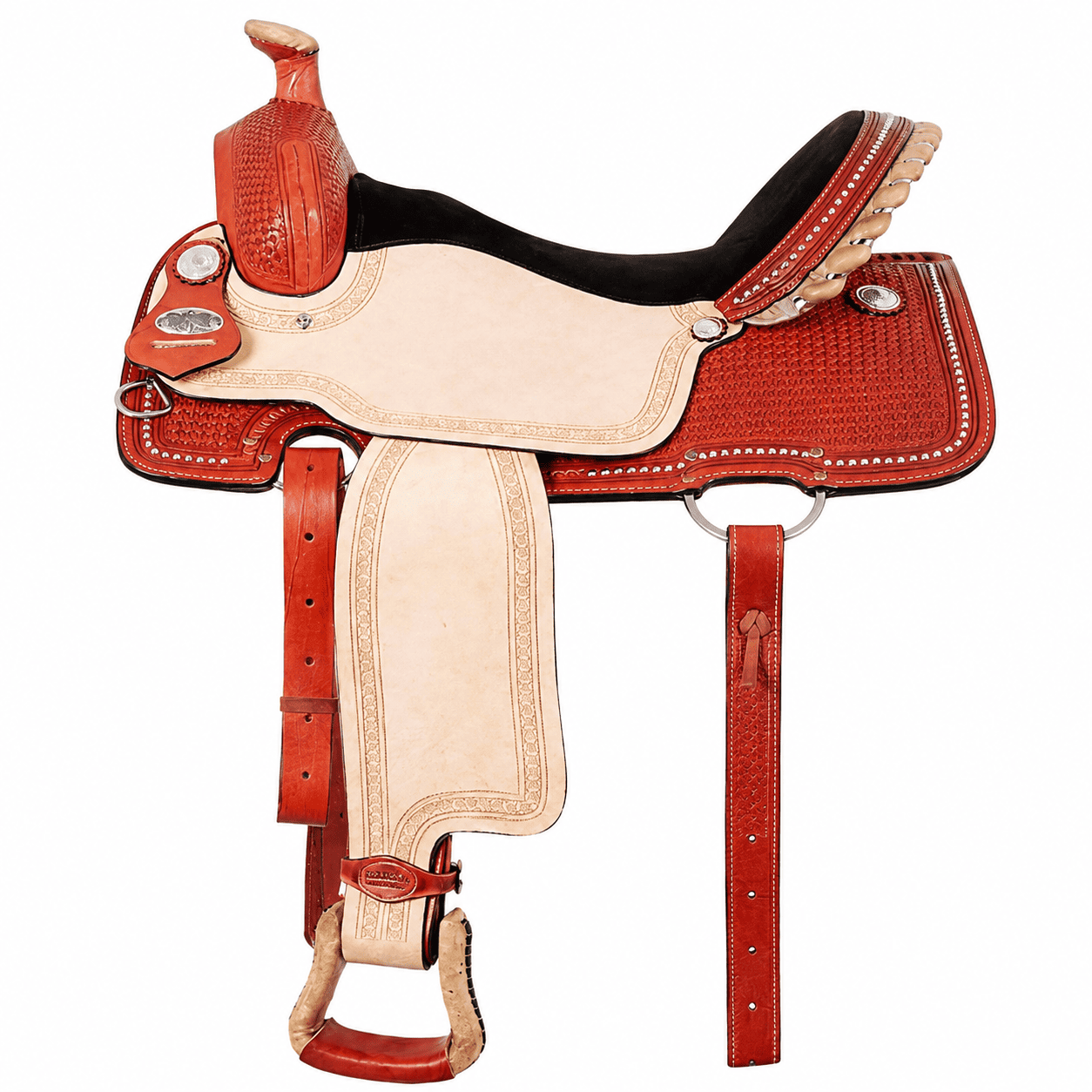 Red Roughout Barrel Saddle Black Suede Seat Crystal Accent Western Horse Saddle Premium Riding Tack