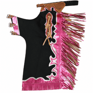 Horse Riding Chaps Black and Pink with Fringe Metallic Pink Fringe, Tooled Leather Belt