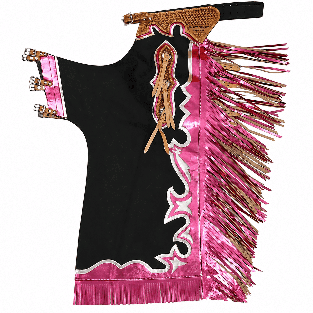 Horse Riding Chaps Black and Pink with Fringe Metallic Pink Fringe, Tooled Leather Belt