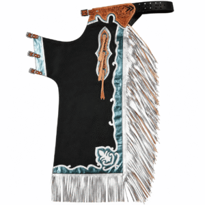 Western Leather Horse Riding Chaps Black Silver Fringed Design, Tooled Leather