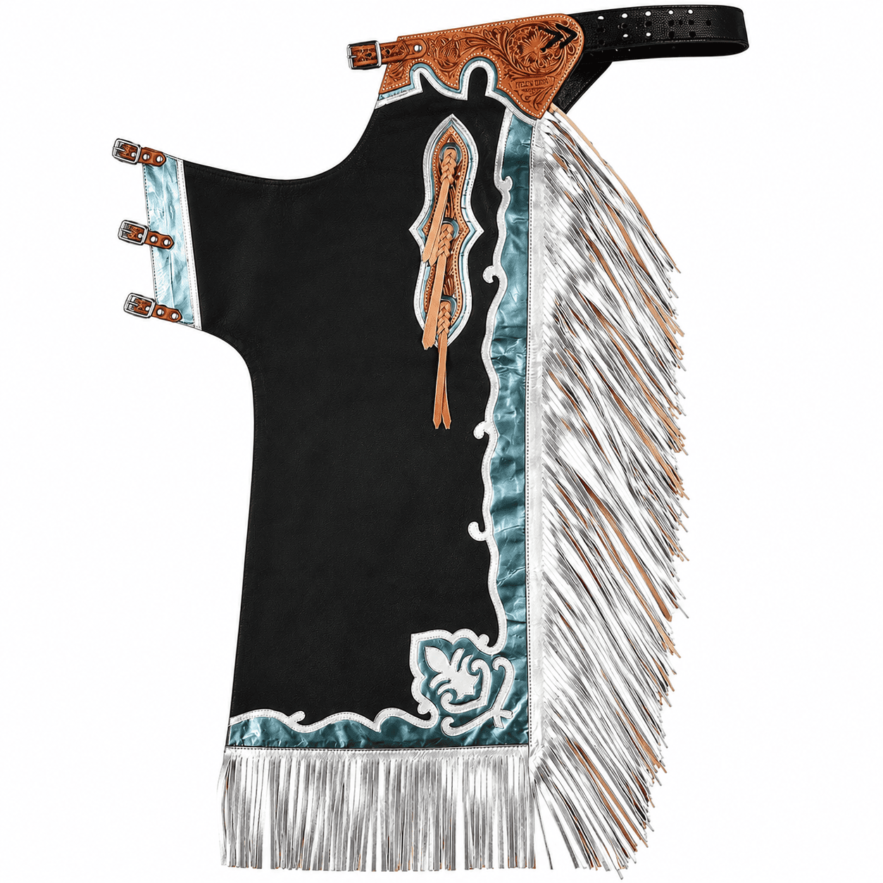 Western Leather Horse Riding Chaps Black Silver Fringed Design, Tooled Leather