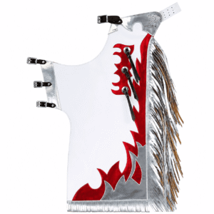 Western Leather Horse Riding Chaps White Silver Fringed Design, Tooled Leather