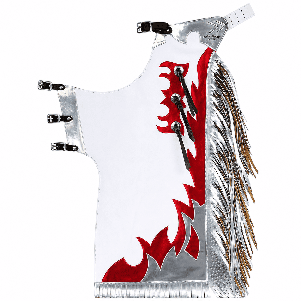 Western Leather Horse Riding Chaps White Silver Fringed Design, Tooled Leather