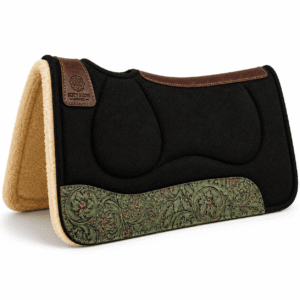 Contoured Wool Felt Saddle Pad with Sage Green Floral Tooled Leather Panels & Wool Fleece Lining