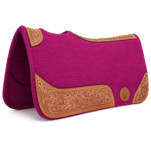Premium Magenta Wool Felt Western Saddle Pad with Floral Tooled Leather Wear Panels Contoured Design