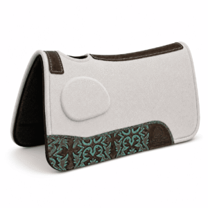 Contoured Wool Felt Saddle Pad with Turquoise Tooled Leather Wear Panel, Western Horse Saddle Pad
