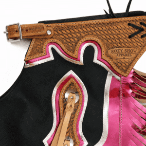 Horse Riding Chaps Black and Pink with Fringe Metallic Pink Fringe, Tooled Leather Belt