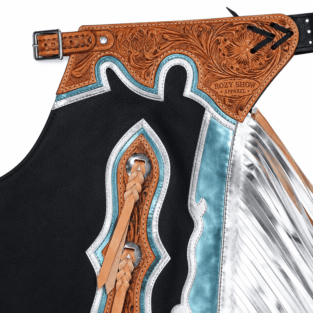 Western Leather Horse Riding Chaps Black Silver Fringed Design, Tooled Leather - Image 2