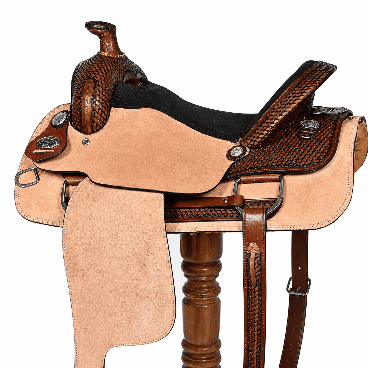 Roughout Barrel Saddle Black Suede Seat Dark Basketweave Western Horse Saddle Premium Riding Tack - Image 2