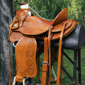 Floral Tooled Western Horse Saddle Golden Premium Genuine Leather Handcrafted Riding Saddle