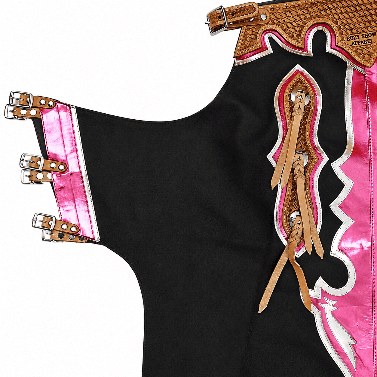 Horse Riding Chaps Black and Pink with Fringe Metallic Pink Fringe, Tooled Leather Belt - Image 3