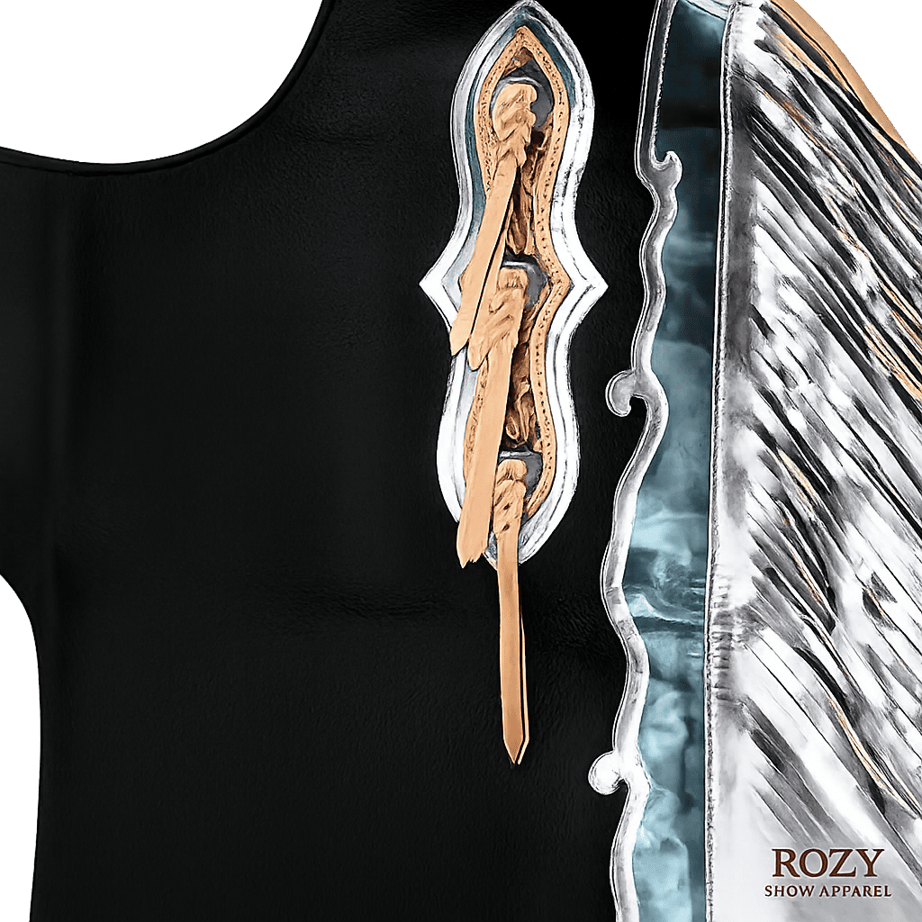 Western Leather Horse Riding Chaps Black Silver Fringed Design, Tooled Leather - Image 3