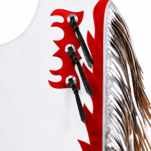 Western Leather Horse Riding Chaps White Silver Fringed Design, Tooled Leather